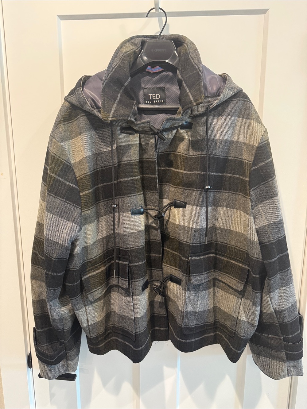 Ted Baker Gray Plaid Toggle Hooded Pea Coat